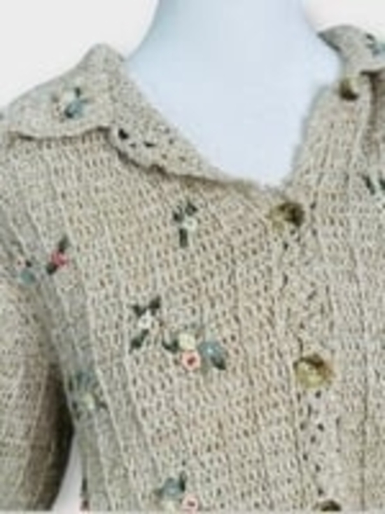 Koret Sweaters - Koret 90's Vintage Beige Crochet Button-Up Floral Accent SS Sweater L